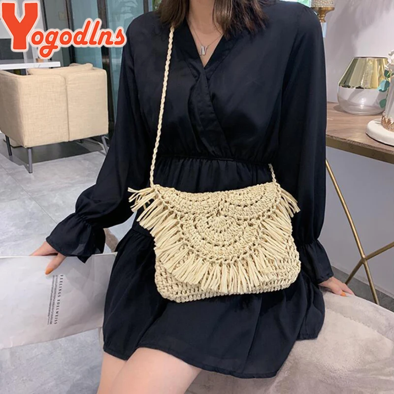 Yogodlns Newest Hot Summer Women Tassels Straw Rattan Wicker Weave Shoulder Bags Handbag Flap Ladies Holiday Beach Crossbody Bag