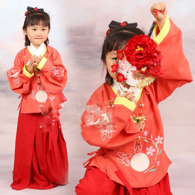 Màu Đỏ Thêu Mặt Trăng Hanfu Nhà Minh Cô Bé Vũ Điệu Bộ Trang Phục Nàng Công Chúa Hanfu Ngày Trẻ Em Sân Khấu Biểu Diễn Cosplay Hanfu