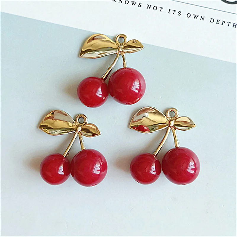 10pcs/lot Alloy Creative Gold Leaf Red Cherry Pendant Buttons Ornaments Jewelry Earrings Choker Hair DIY Jewelry Accessories