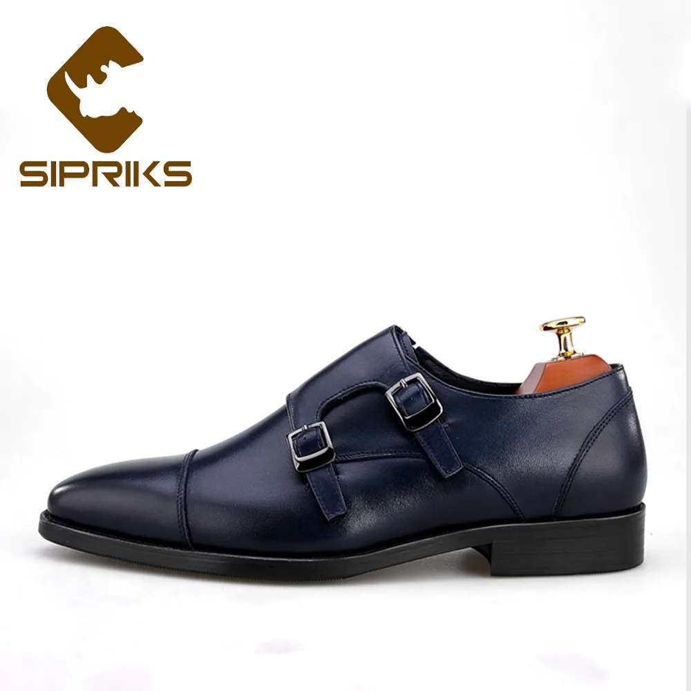 Sipriks Luxury Brand Mens Double Monk Straps Shoes Navy Blue Full Grain Leather Church Shoes Boss Wedding Gents Suit Social 2021