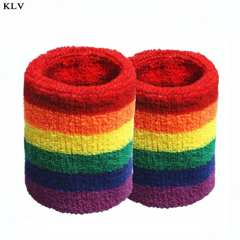 

Women Men Sports Towel Sweatband Rainbow Colorful Stripes Breathable Bracers Running Badminton Wrist Support Wrap