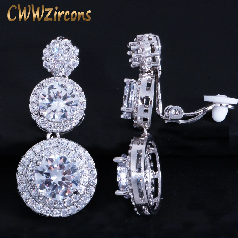 CWWZircons Clip on Ear Round Drop Cubic Zirconia Non Pierced Earrings Fashion Wedding Jewelry Womens Accessories CZ427