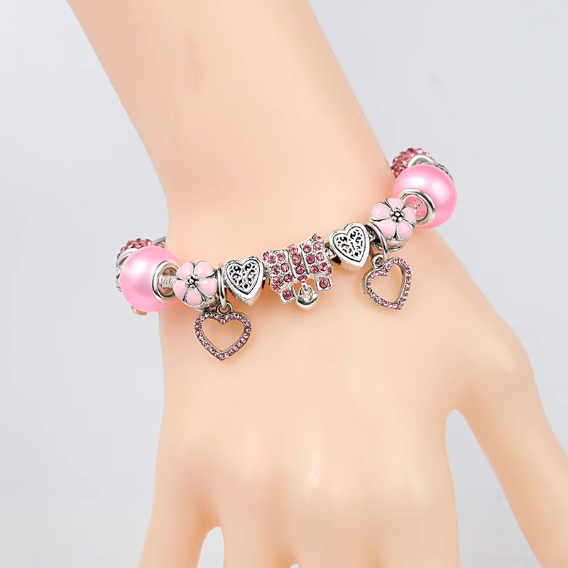 Leabyl Romantic Pink Crystal Heart Charm bracciali Color argento Little Love ciondolo Bead bracciale gioielli per le donne