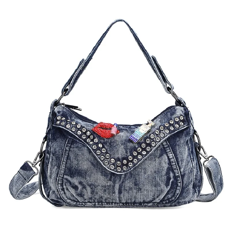 Casual Fashion Zipper Design Denim Diamonds Vintage Women Tote Bags Lady Handbags Jeans Denim Shoulder Bag Messenger bags