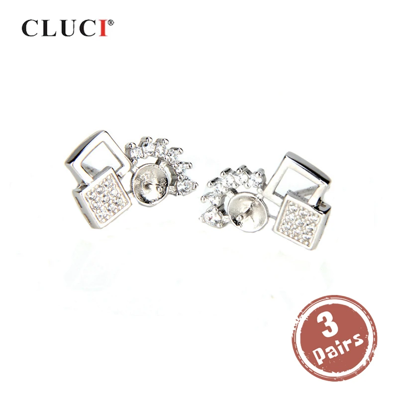 

CLUCI 3 pair wholesale 925 Sterling Silver Stud Earrings For Women Wedding Pearl Earrings Mounting Stud Earrings SE031SB