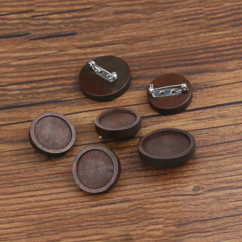 10pcs Antique Brown Blank Wood Cabochon Brooch Base Settings 20 25mm Round Bezel Tray Diy Stainless Steel Pin for Jewelry Making