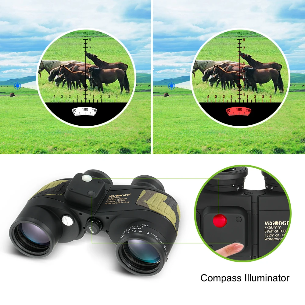 7x50 Range Finder Binoculars for Hunting Telescope Powerful Long Distance Rangefinder Build-In Compass Camping Equipment