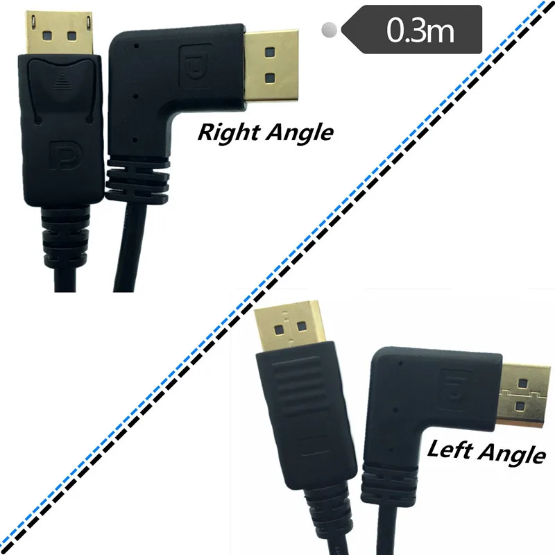 Gold plated 90 degree Left Right elbow dp line male to male 4K patch cord 1.2 HD displayport cable 0.3m