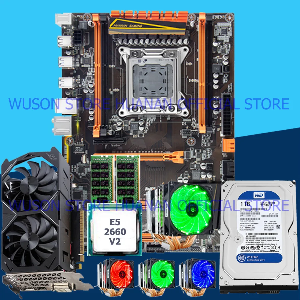 HUANANZHI X79 Deluxe Gaming Motherboard Computer Set with M.2 slot CPU Xeon E5 2660 V2 RAM 16G RECC 1TB HDD Video card GTX1050TI