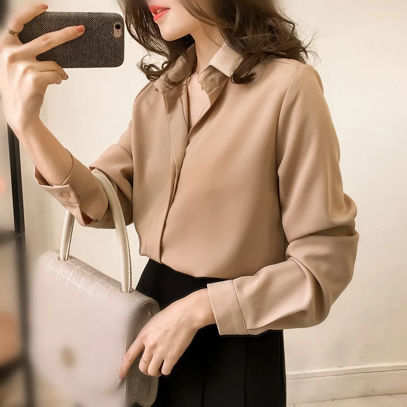 Fashion Women Shirts  Summer Lady Elegant Shirt Chiffon Blouse Solid Long Sleeve Office Ladies Fashion Shirts Tops Femme