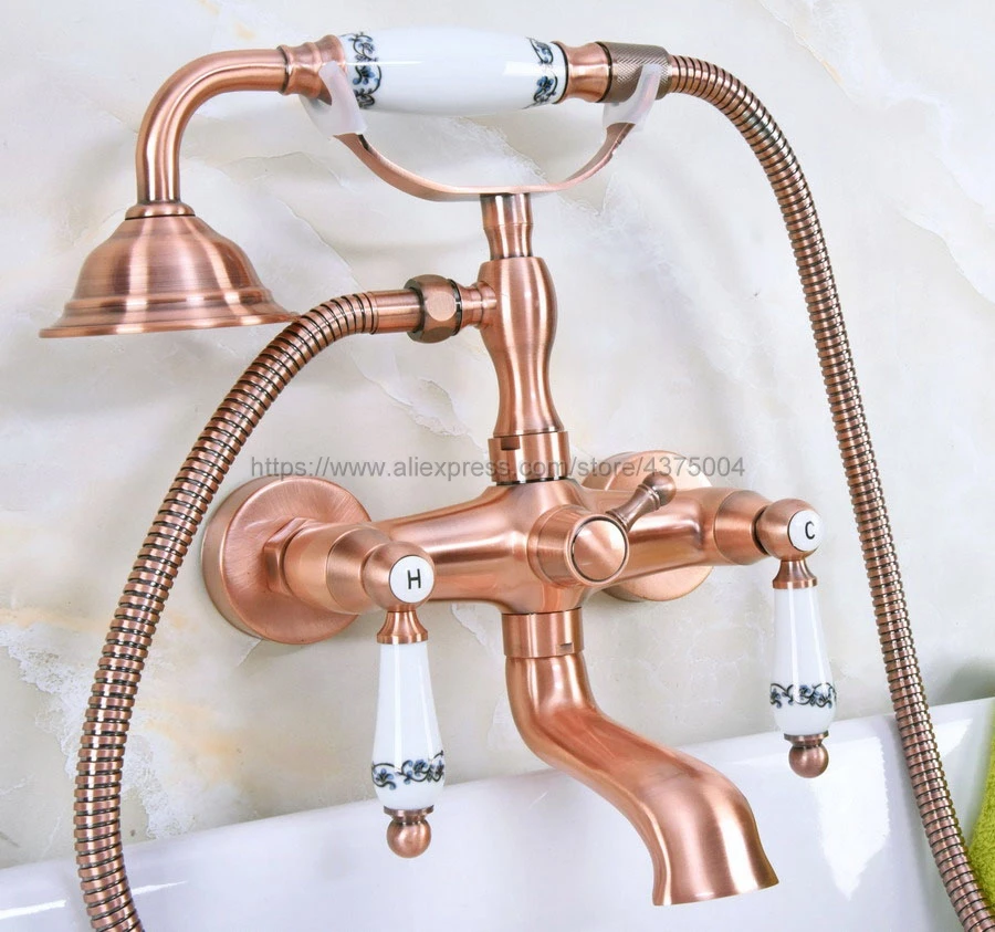 

Antique Red Copper Bathroom Tub Faucet Telephone Style Bathroom Bathtub Wall Mounted With Handshower Swive Tub Spout Nna329