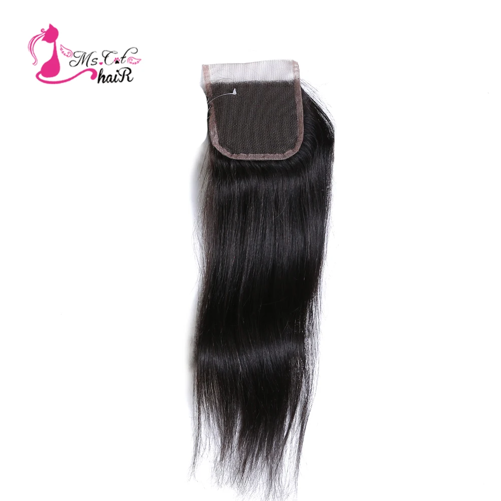 Ms Cat Hair-pelo liso peruano con cierre de encaje, tamaño de encaje 4 "X4", cabello humano de 100%, cabello Remy negro Natural de 8 "-20", pieza libre