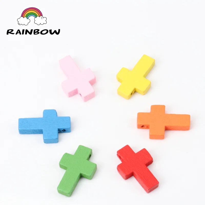 Mixed Fluorescent Colors Natural Wooden Cross Shape Spacer Beads For Jewelry Making DIY 22x15mm 50Pcs