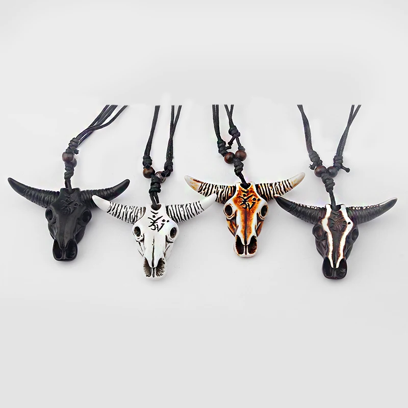 4pcs Mixed Color Charms Resin Maori Fish-Hook Punk Head Skull Wolf Head Swirl Bull Head Pendant Necklace Collar Jewelry