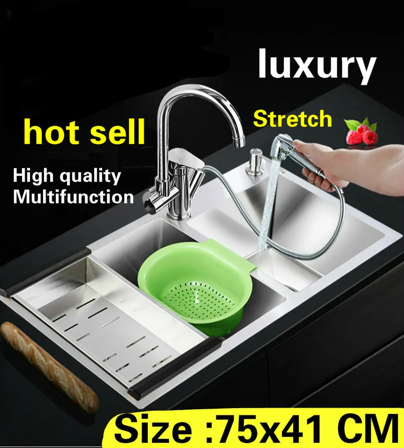 

Free shipping Apartment vogue kitchen manual sink double groove 304 stainless steel standard hot sell 750x410 MM