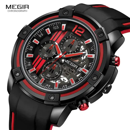 Relojes deportivos de cuarzo Megir para hombre, reloj de pulsera con cronógrafo militar del ejército para hombre, relojes luminosos masculinos, reloj 2097 negro y rojo