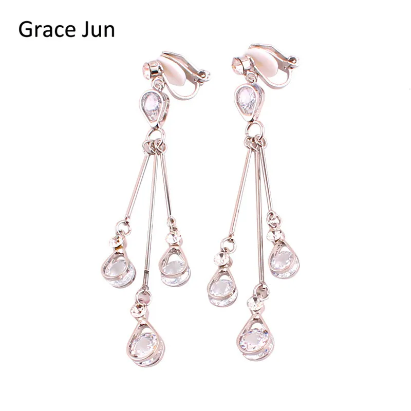 Grace Jun High-grade Full AAA Cubic Zircon Long Tassel Clip on Earrings Non Piercing for Women Elegant Jewelry Ear Clip Bijoux