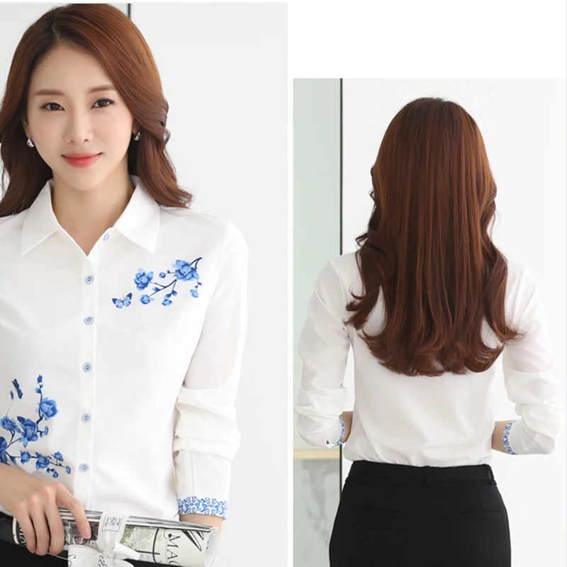 Camicetta con stampa floreale a farfalla blu a maniche lunghe Donna 2021 Autunno estivo Top Elegante camicia da lavoro per ufficio Cottagecore