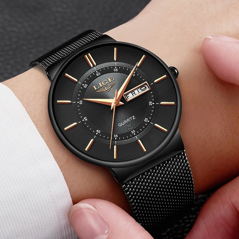 LIGE Mens Watches Top Brand Luxury Waterproof Ultra Thin Date Clock Male Steel Strap Casual Quartz Watch Men Sports Wrist Watch