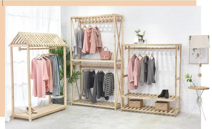 

Clothing store retro women's clothes hangers, high-end shelves, solid wood landing display shelves,