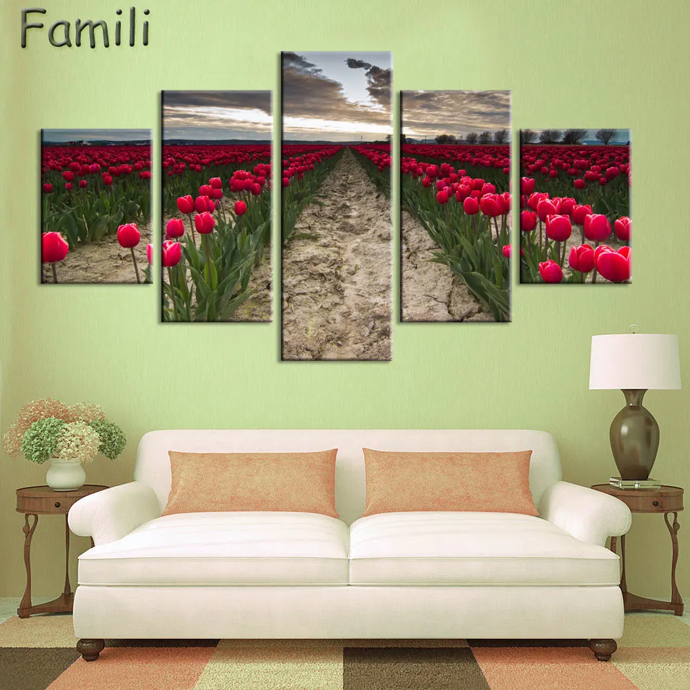 No Frame pictures 5PCS Modular Wall Picture Art Painting Of Roses Tulips Print On Canvas Paintings Posters Living Room Bedroom