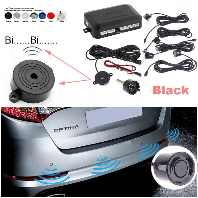 YYZSDYJQ Car 4 Parking Sensors Parktronics  Black/white/gold /silver 7 colors 22mm Reverse Backup RadarS Sound Buzzer Beep Alarm