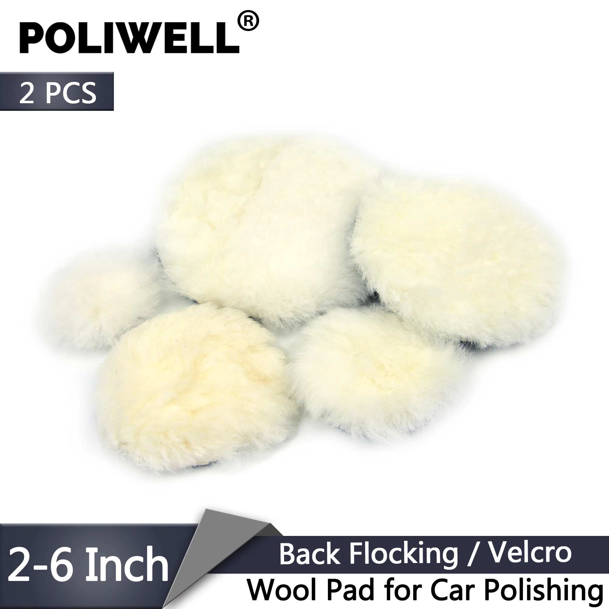 POLIWELL 2Pcs 2/3/4/5/6 Inch Wool Pads Flocking Back Waxing Polishing Buffing Pad Wheel Car Auto Paint Care Polisher Discs