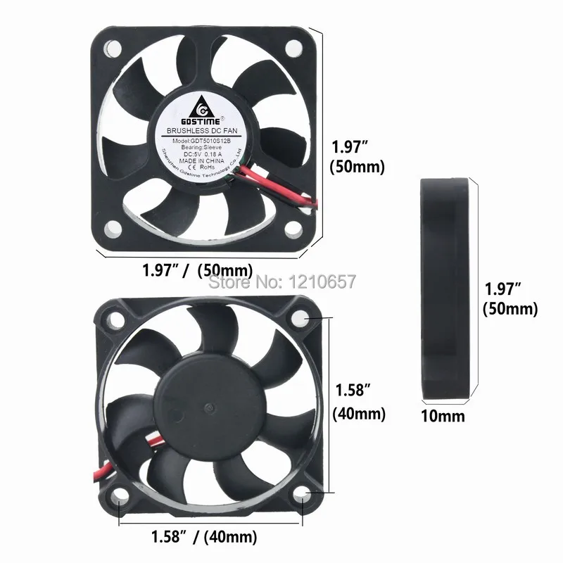 1 PCS Gdstime 50mm 50x50x10mm 5010s DC 5V 2Pin Brushless Cooling Fan