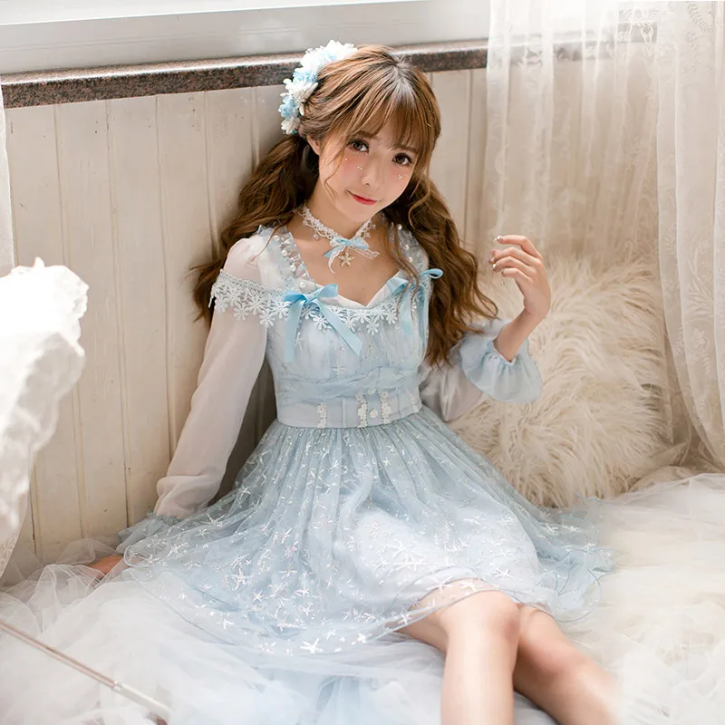 

Princess sweet lolita dress Candy rain dress autumn long sleeves slim sweet lace flare sleeve princess dress C22CD7171