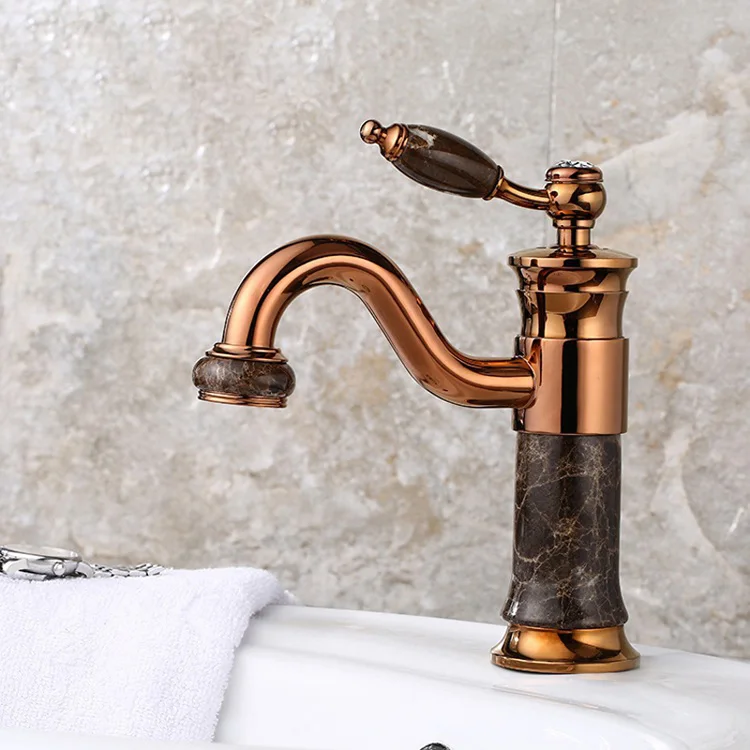 Samoel Rose Gold Marble Faucets Mixer Taps for Bathroom Deck Mount Brass Lavatory Basin Cold and Hot Water Tap M1034