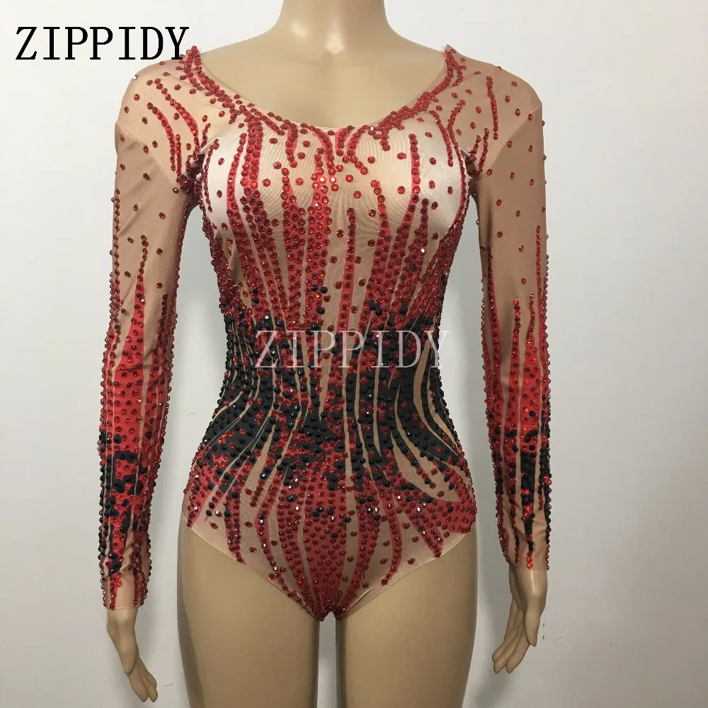 Sparkly Red Black Rhinestones Sexy Bodysuit Full Crystals One-Piece Dance Costume Nightclub Show Prom Birthday Celebrate Leotard