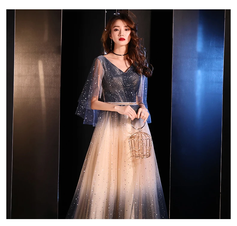 Gradient Đầm Dạ Hội Sang Trọng Sheer Tắt Áo Vai Áo Cột Dây Promise Amazing Lông Tơ Voan Đầm Vestido De Noiva