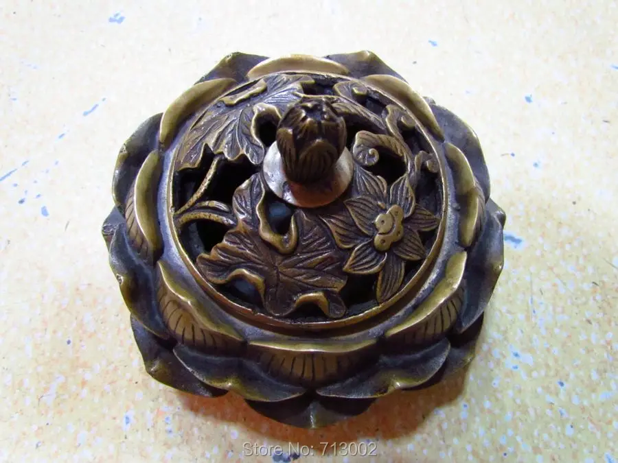 Vintage incense burner lotus flower Signed bottom Old Copper incensory Lucky Fengshui Rare