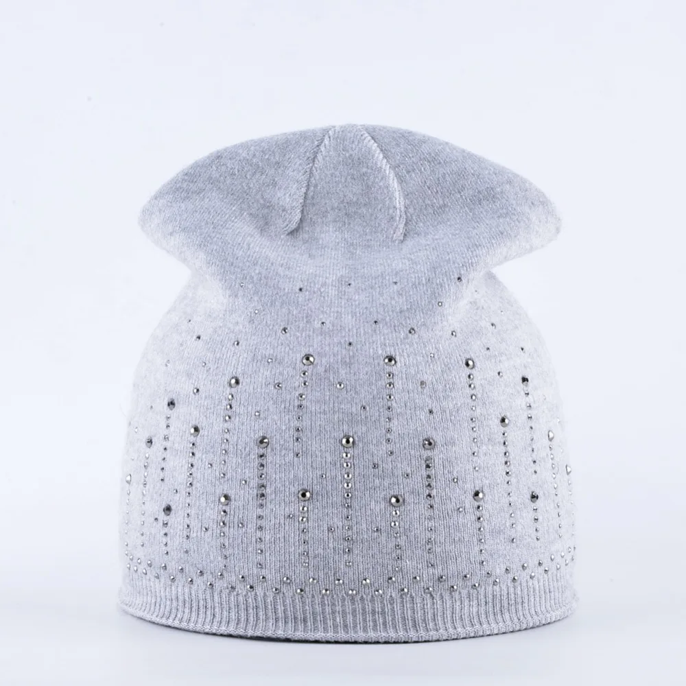 2018 Female Diamond Beanies Hat Autumn And Winter Knitted Rabbit Wool Cap Women Rhinestone Knitting Skullies Hats For Ladies