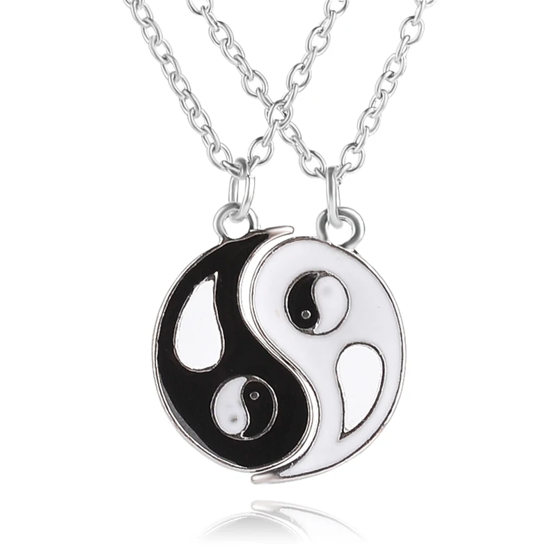 2PCS Ying Yang Taiji Bagua Puzzle Pendant Necklace Black White Couple Sister Best Friend Friendship Jewelry Personalized Gifts