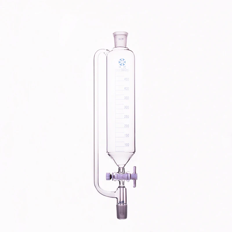 Separatory trichter konstante druck zylindrische form, standard boden mund. kapazität 500 ml, Joint 24/29 + 24/29, PTFE schalter ventil