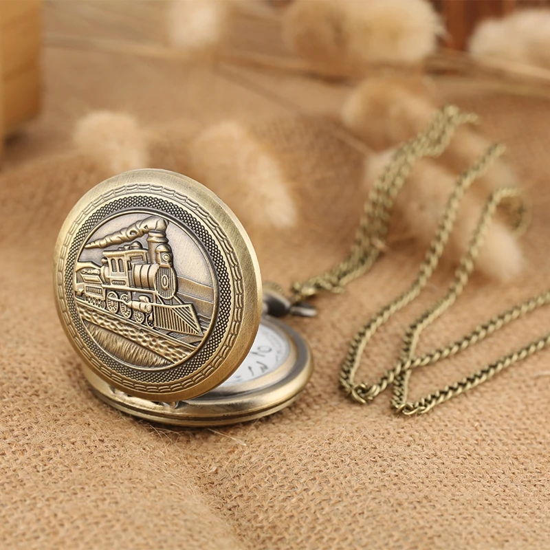 Locomotive Train Pattern Bronze Steampunk Necklace Quartz Pocket Watch  Pendant Chain Art Collectible Unisex Gifts for Men Women