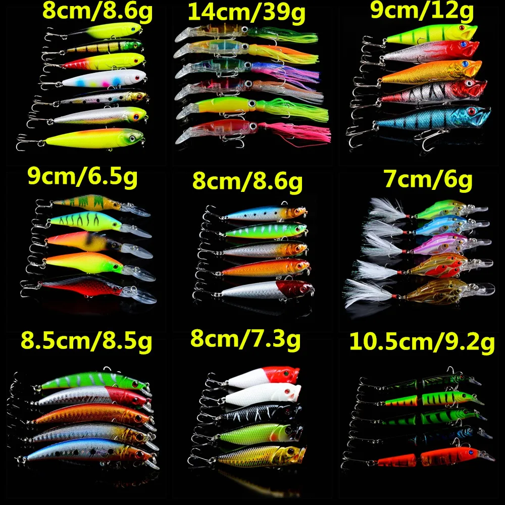 

LINGYUE 48pcs/lot Fishing lures Mixed 9 Different Style Models Fishing Tackle Artificial Make 48 Color Plastic Hard Baits H-T127