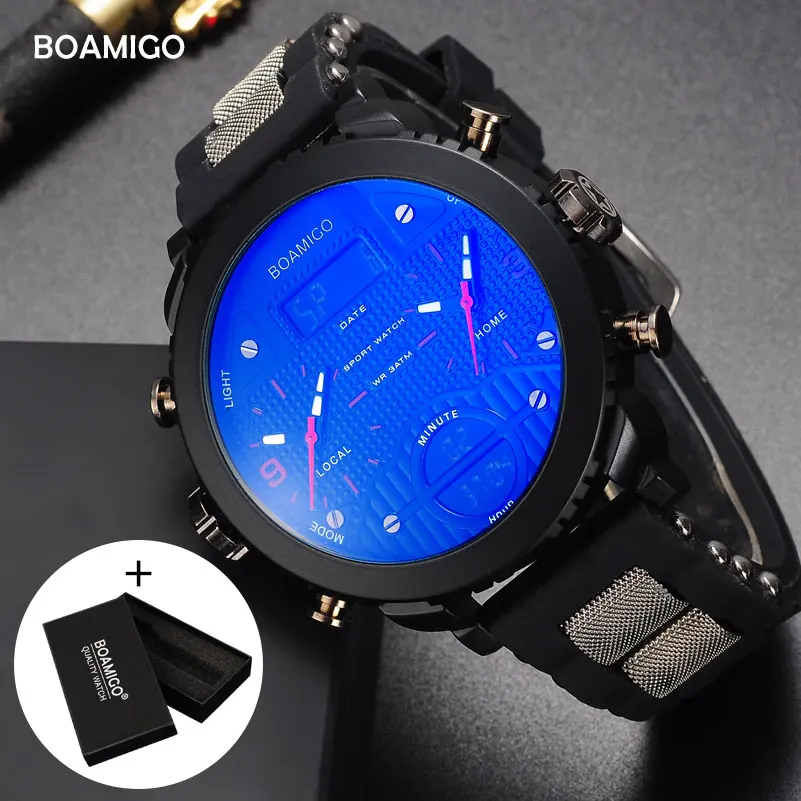 men sports watches BOAMIGO brand men watches 3 time zone rubber LED digital watch military quartz wristwatches gift box F905