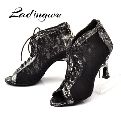Ladingwu Latin Dance Shoes Wonen Black White Lace Dance Boots Ladies Comfortable Ballroom Paty Dancne Shoes Salsa Shoes Woman