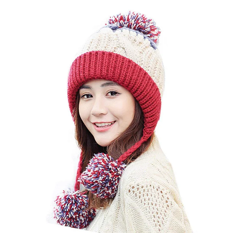 BomHCS Winter Handmade Knitted Stitching Color Beanie Hat Women Earflaps Caps