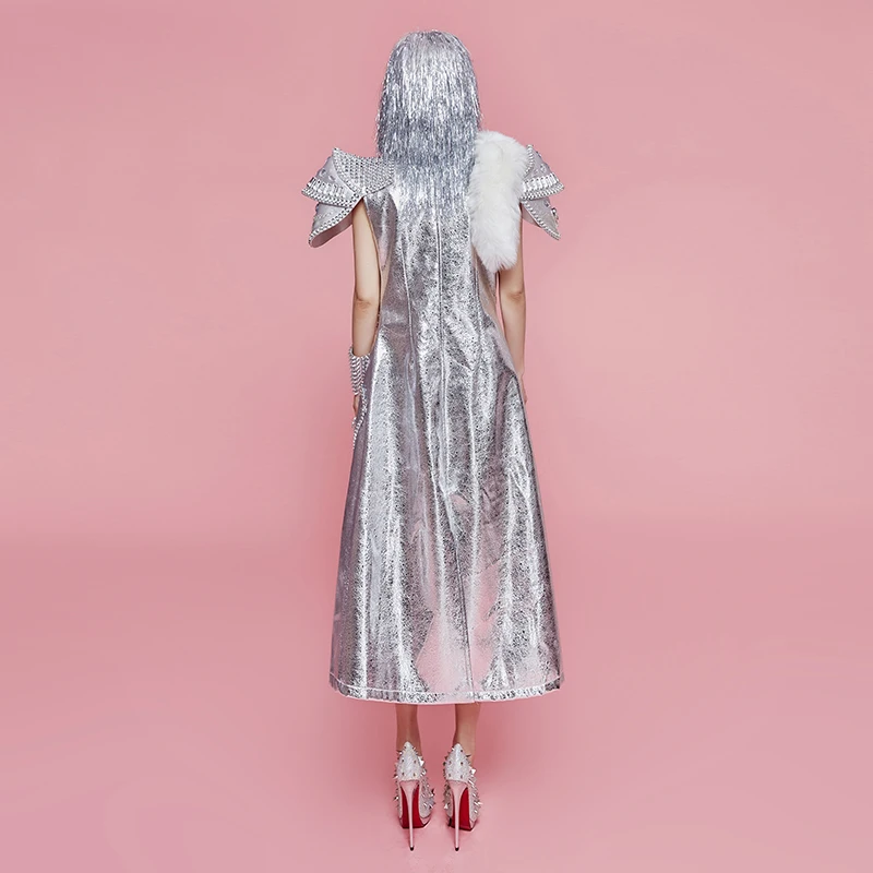 Silver Rivets Leather Bra Short Shrugged Stone Long Jacket Women's Set Female Singer Dance Party Wear Nightclub Show Outfit Sets