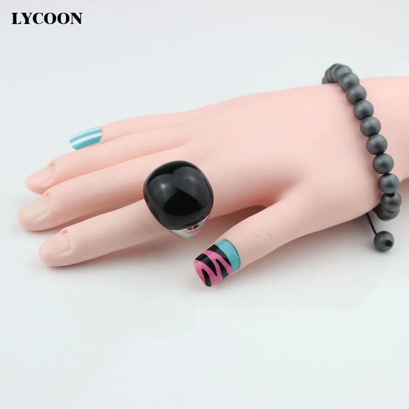 LYCOON Fashion 316L Stainless steel smooth polishing big black stone rings ball shape Onyx stone for woman luxury ring