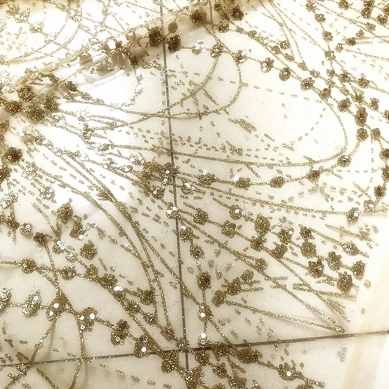 Lace Fabric With Gold Sequins And Mesh Bronzing Wave Fringes DIY Sew Stage Clothes Wedding Evening Dress Accessories 130CM Wide