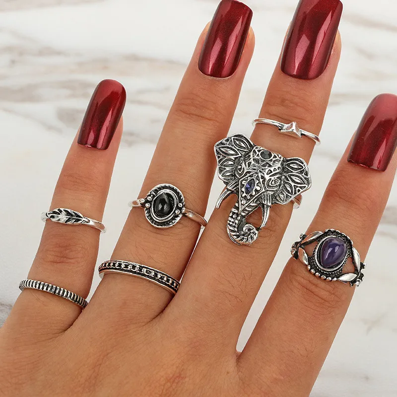7pcs/set Vintage Stylish Punk Black Blue Opal Elephant Ring Set for Women Boho Carved Knuckle Midi Rings Set Party Gift