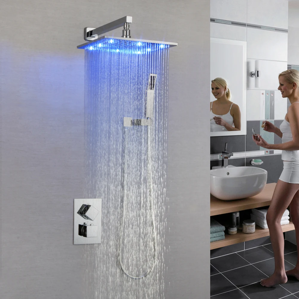 SKOWLL Shower Faucet Wall Mount LED Rain Mixer Shower Combo Set with Handheld, Chrome SK-7632