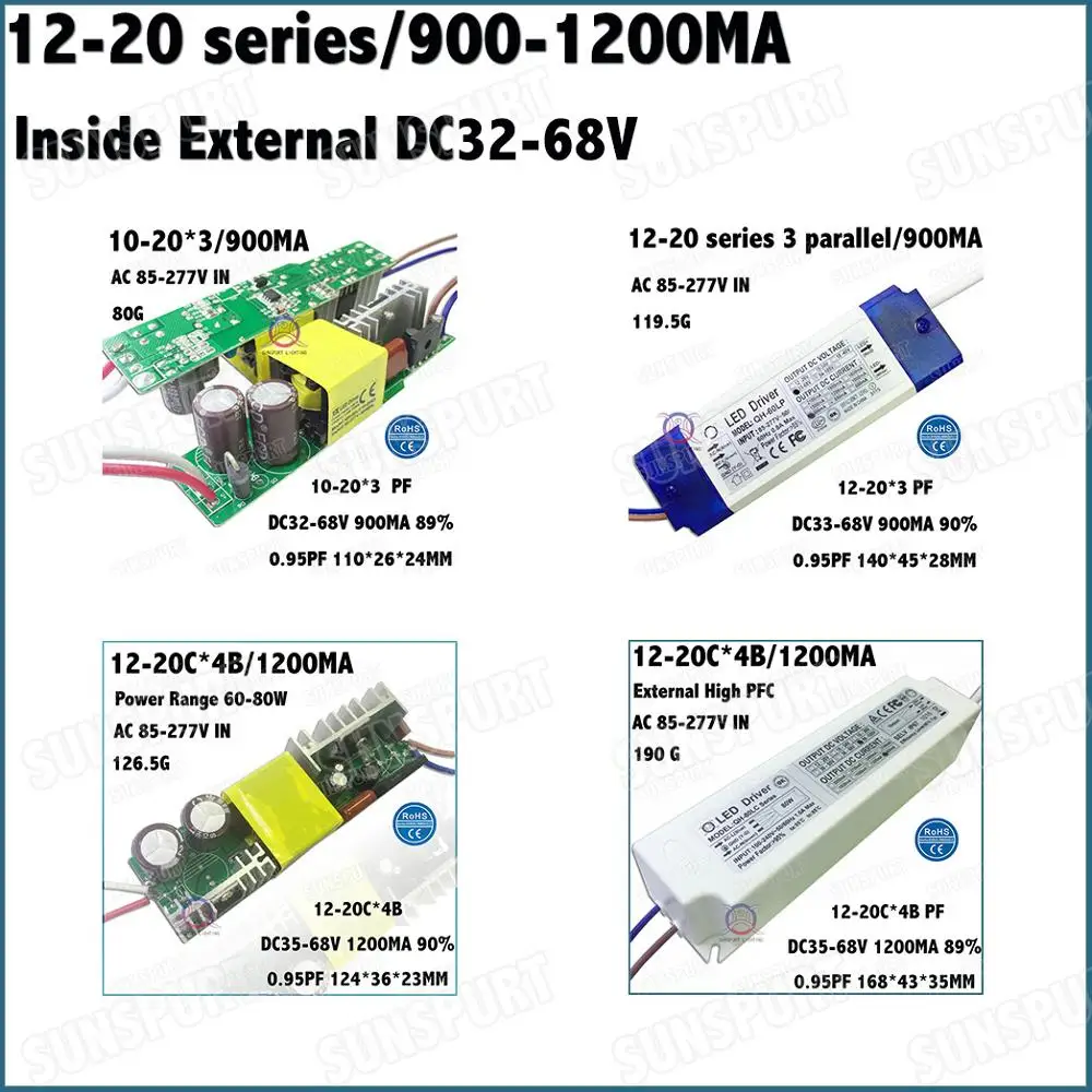 Inside External High PFC CE 40-80W AC85-277V LED Driver 12-20Cx3B 900mA 12-20Cx4B 1200mA DC35-68V Constant Current Free Shipping