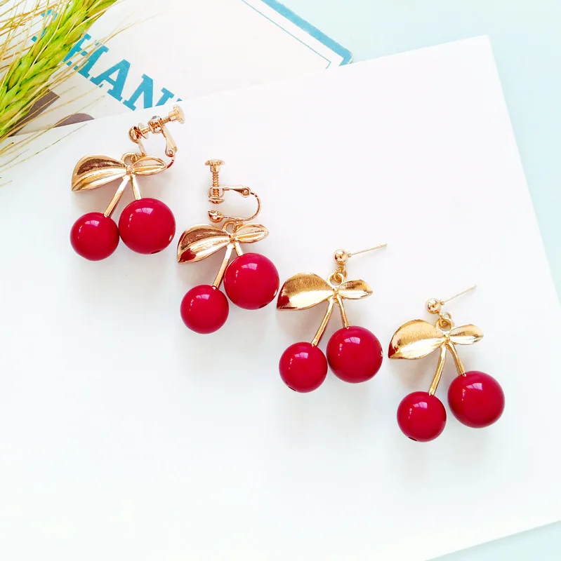 Gold Color Leaf Small Big Red Round Cherry Earrings Brincos Glass Cherries Fruit Pendant Clip Earrings For Women Lady Femme