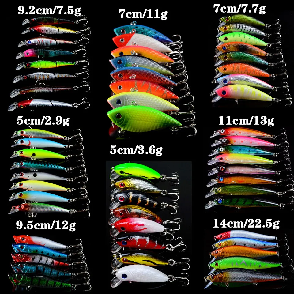 New 58pcs/lot Mixed Lifelike Minnow lure and VIB bait 8 Models Hard Baits Artificial Quality Professional Plastic Fishing Tackle