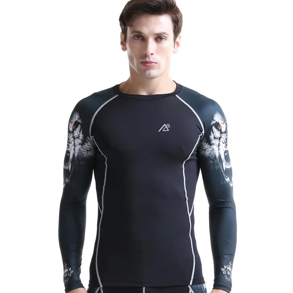 Men`s  Double Sleeves Wolf Head Graphic Fitness Workout Compression Shirt Second Skin MMA Crossfit Running Training Gear